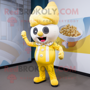 Yellow Pop Corn mascot costume character dressed with a Windbreaker and Earrings
