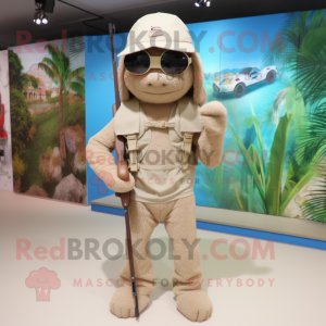 Beige Sniper mascot costume character dressed with a Swimwear and Headbands