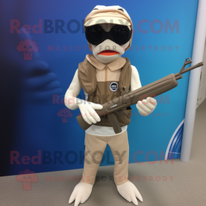 Beige Sniper mascot costume character dressed with a Swimwear and Headbands