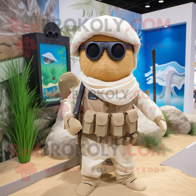 Beige Sniper mascot costume character dressed with a Swimwear and Headbands