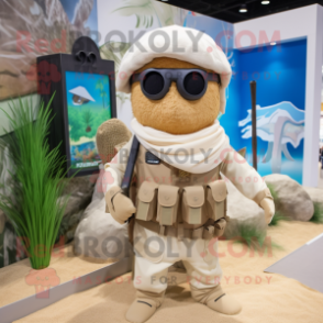 Beige Sniper mascot costume character dressed with a Swimwear and Headbands