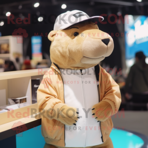 Cream Capybara mascot costume character dressed with a Sweatshirt and Hat pins