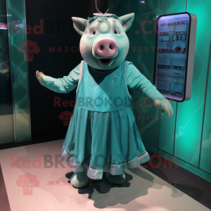 Teal Pig mascot costume character dressed with a Midi Dress and Anklets