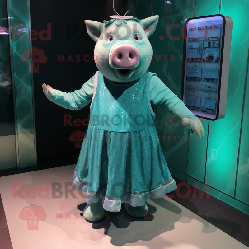 Teal Pig mascot costume character dressed with a Midi Dress and Anklets Teal Pig mascot costume character dressed with a Midi Dress and Anklets
