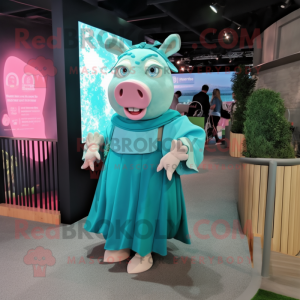 Teal Pig mascot costume character dressed with a Midi Dress and Anklets