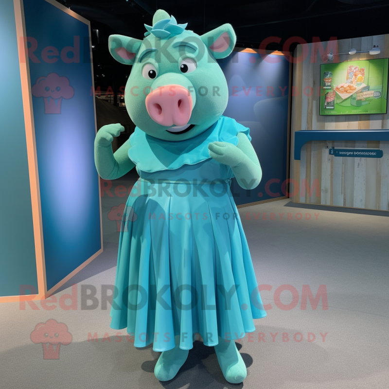 Teal Pig mascot costume character dressed with a Midi Dress and Anklets Teal Pig mascot costume character dressed with a Midi Dress and Anklets