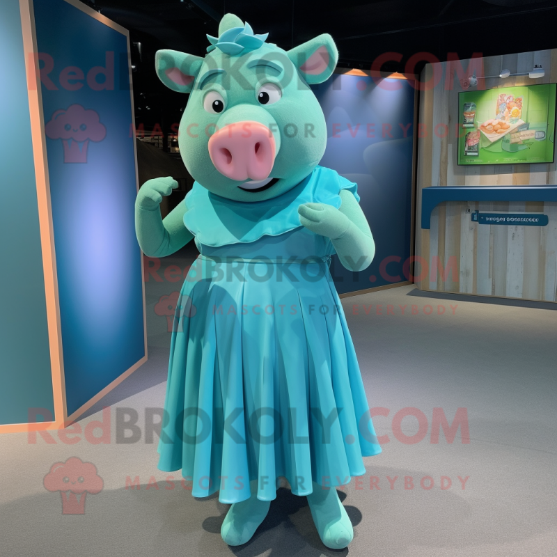 Teal Pig mascot costume character dressed with a Midi Dress and Anklets