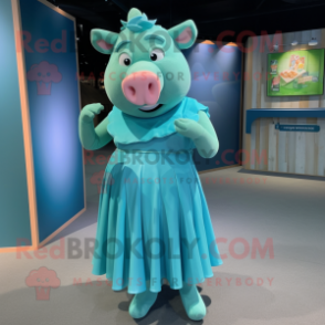 Teal Pig mascot costume character dressed with a Midi Dress and Anklets