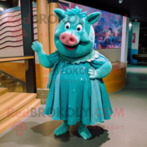 Teal Pig mascot costume character dressed with a Midi Dress and Anklets