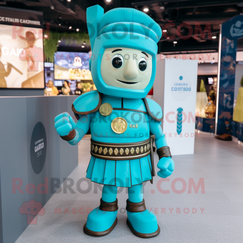 Cyan Roman Soldier mascot costume character dressed with a Button-Up Shirt and Lapel pins Cyan Roman Soldier mascot costume character dressed with a Button-Up Shirt and Lapel pins