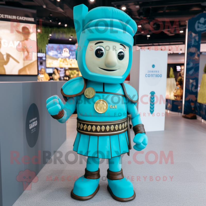 Cyan Roman Soldier mascot costume character dressed with a Button-Up Shirt and Lapel pins