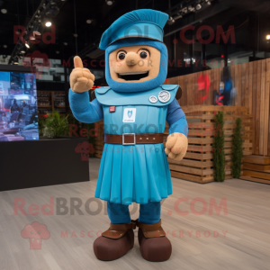 Cyan Roman Soldier mascot costume character dressed with a Button-Up Shirt and Lapel pins