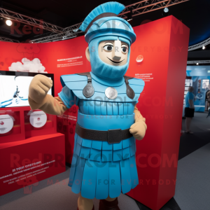 Cyan Roman Soldier mascot costume character dressed with a Button-Up Shirt and Lapel pins