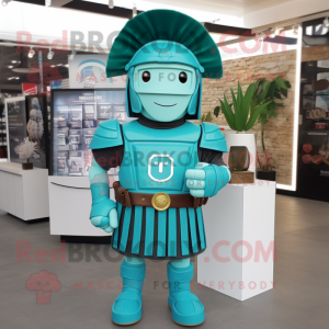 Cyan Roman Soldier mascot costume character dressed with a Button-Up Shirt and Lapel pins
