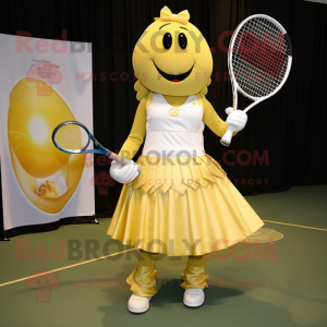 Gold Tennis Racket mascot costume character dressed with a Ball Gown and Pocket squares