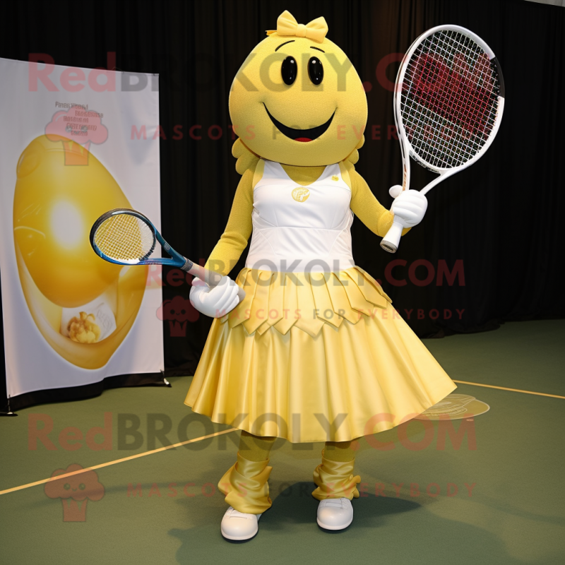 Gold Tennis Racket mascot costume character dressed with a Ball Gown and Pocket squares Gold Tennis Racket mascot costume character dressed with a Ball Gown and Pocket squares