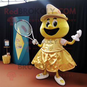 Gold Tennis Racket mascot costume character dressed with a Ball Gown and Pocket squares