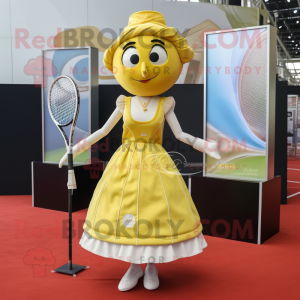 Gold Tennis Racket mascot costume character dressed with a Ball Gown and Pocket squares