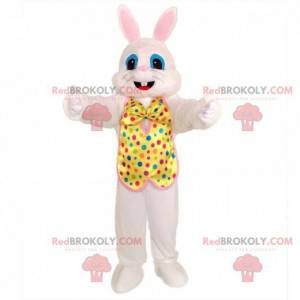 Mascotte de lapin blanc avec une tenue festive. Lapin festif -