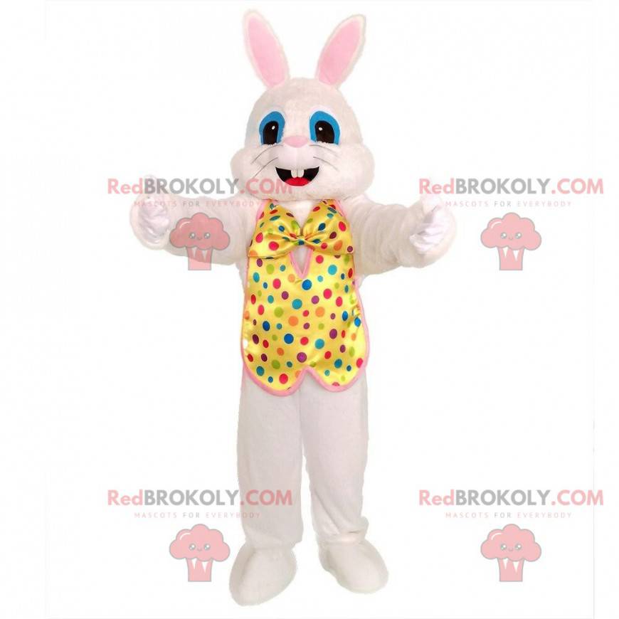 Mascotte de lapin blanc avec une tenue festive. Lapin festif -