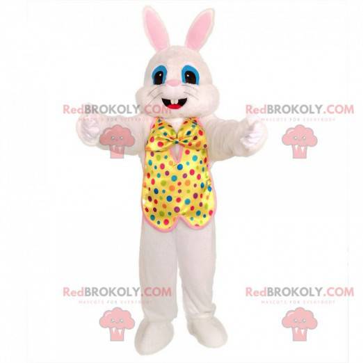 Vit kaninmaskot med festlig outfit. Festlig kanin -