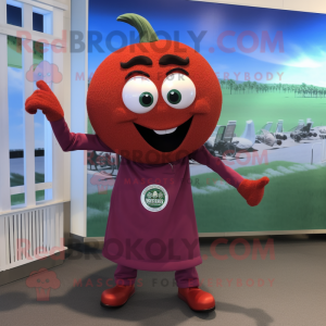 Maroon Tomato mascot costume character dressed with a Capri Pants and Brooches