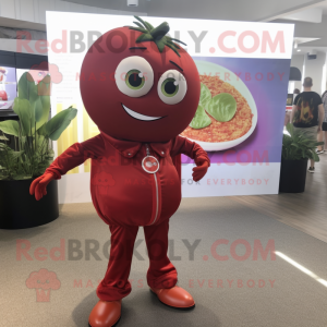 Maroon Tomato mascot costume character dressed with a Capri Pants and Brooches