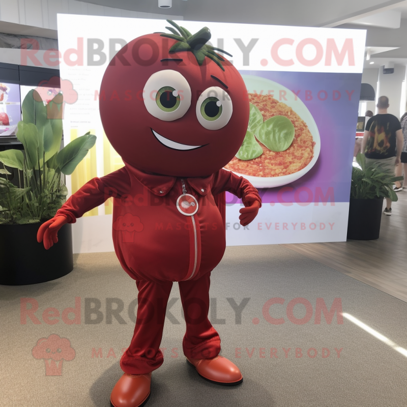 Maroon Tomato mascot costume character dressed with a Capri Pants and Brooches Maroon Tomato mascot costume character dressed with a Capri Pants and Brooches