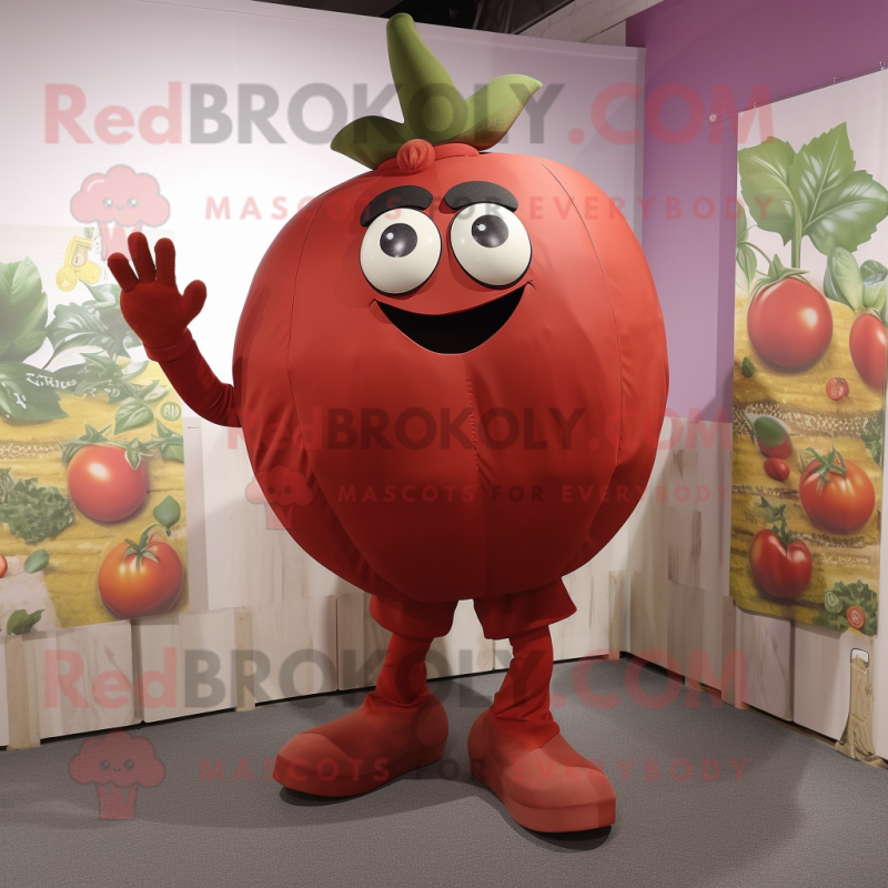 Maroon Tomato mascot costume character dressed with a Capri Pants and Brooches Maroon Tomato mascot costume character dressed with a Capri Pants and Brooches