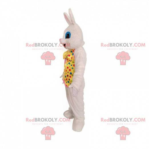 Hvit kaninmaskot med festlig antrekk. Festlig kanin -