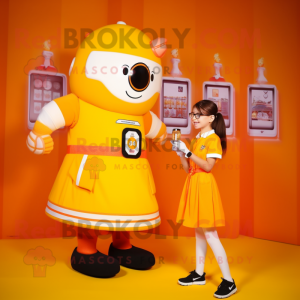 Orange Bottle Of Mustard mascot costume character dressed with a Mini Skirt and Digital watches