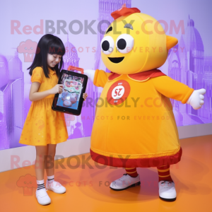 Orange Bottle Of Mustard mascot costume character dressed with a Mini Skirt and Digital watches