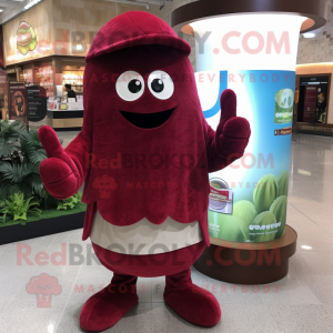 Maroon Raspberry mascot costume character dressed with a Henley Shirt and Shawls
