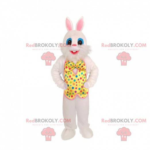 Mascotte de lapin blanc avec une tenue festive. Lapin festif -