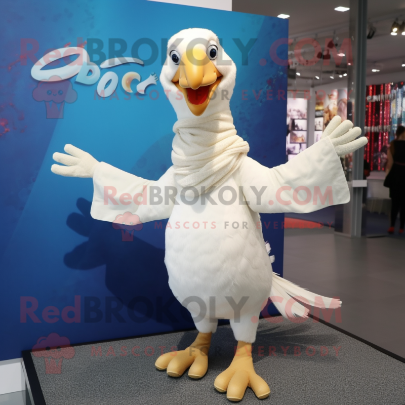 White Dodo Bird mascot costume character dressed with a Long Sleeve Tee and Scarves White Dodo Bird mascot costume character dressed with a Long Sleeve Tee and Scarves