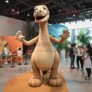 Tan Brachiosaurus mascot costume character dressed with a Culottes and Hairpins