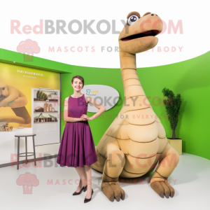 Tan Brachiosaurus mascot costume character dressed with a Culottes and Hairpins