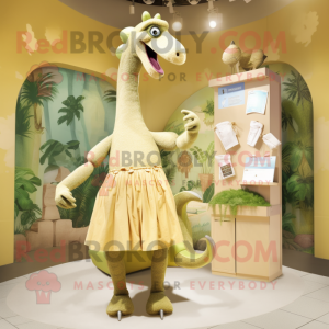 Tan Brachiosaurus mascot costume character dressed with a Culottes and Hairpins