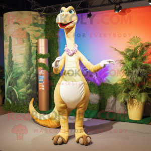 Tan Brachiosaurus mascot costume character dressed with a Culottes and Hairpins