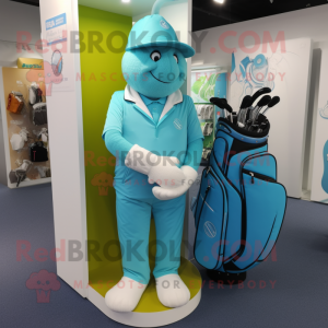 Cyan Golf Bag mascot costume character dressed with a Trousers and Lapel pins