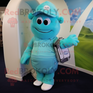 Cyan Golf Bag mascot costume character dressed with a Trousers and Lapel pins