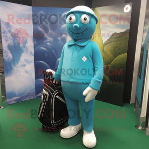 Cyan Golf Bag mascot costume character dressed with a Trousers and Lapel pins