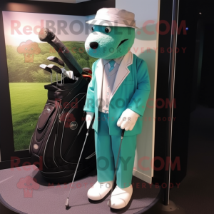 Cyan Golf Bag mascot costume character dressed with a Trousers and Lapel pins
