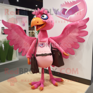 Pink Archeopteryx mascot costume character dressed with a A-Line Skirt and Messenger bags