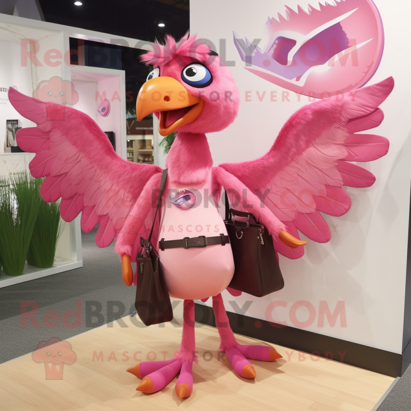 Pink Archeopteryx mascot costume character dressed with a A-Line Skirt and Messenger bags