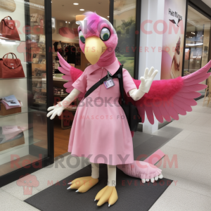 Pink Archeopteryx mascot costume character dressed with a A-Line Skirt and Messenger bags