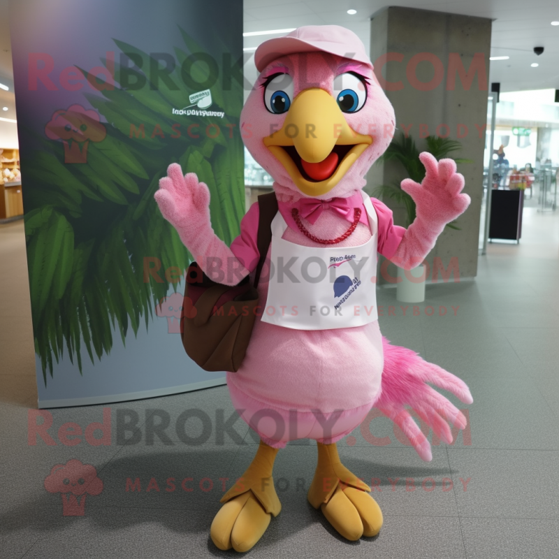 Pink Archeopteryx mascot costume character dressed with a A-Line Skirt and Messenger bags Pink Archeopteryx mascot costume character dressed with a A-Line Skirt and Messenger bags