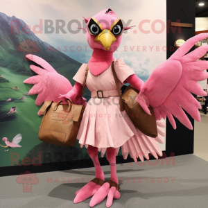 Pink Archeopteryx mascot costume character dressed with a A-Line Skirt and Messenger bags