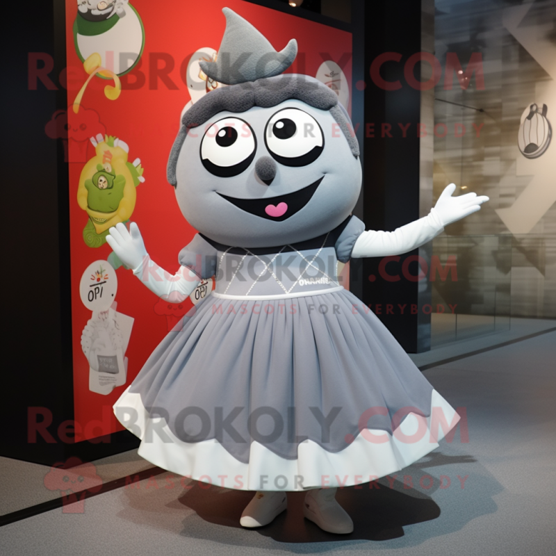 Gray Shakshuka mascot costume character dressed with a Skirt and Brooches