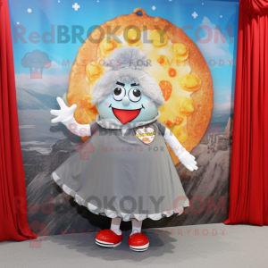 Gray Shakshuka mascot costume character dressed with a Skirt and Brooches